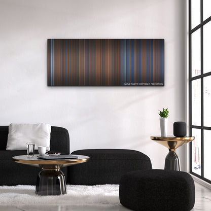 Violent Night color palette canvas above a black sofa with a gold-topped table
