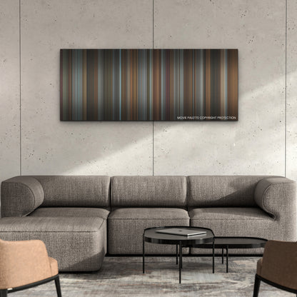 Fair Play color palette canvas on a concrete wall above a gray sectional sofa