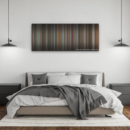 Fair Play color palette canvas above a bed, between two black pendant lamps