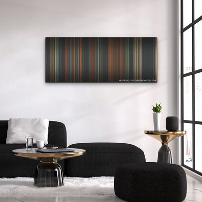 The Watchers color palette canvas above a black sofa with a gold-topped table