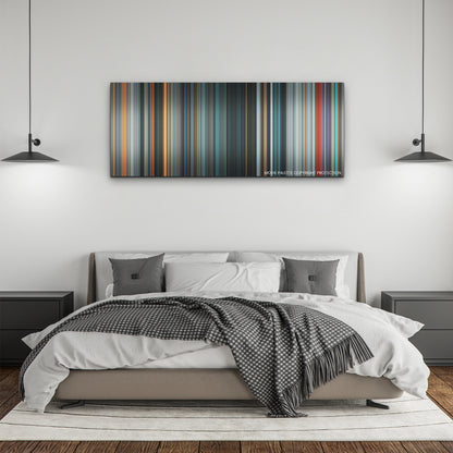 The Flash color palette canvas above a bed, between two black pendant lamps