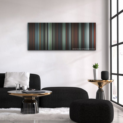 The Northman color palette canvas above a black sofa with a gold-topped table