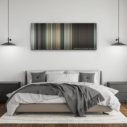 The Ministry of Ungentlemanly Warfare color palette canvas above a bed, between two black pendant lamps