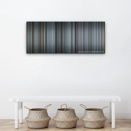 The Ice Road color palette canvas above a white bench with three woven baskets