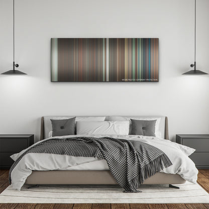 Nefarious color palette canvas above a bed, between two black pendant lamps