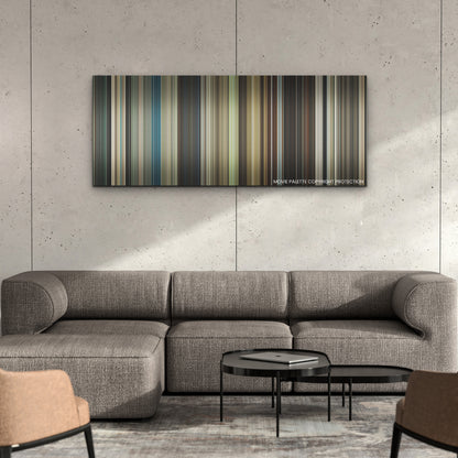 Hitman's Wife's Bodyguard color palette canvas on a concrete wall above a gray sectional sofa