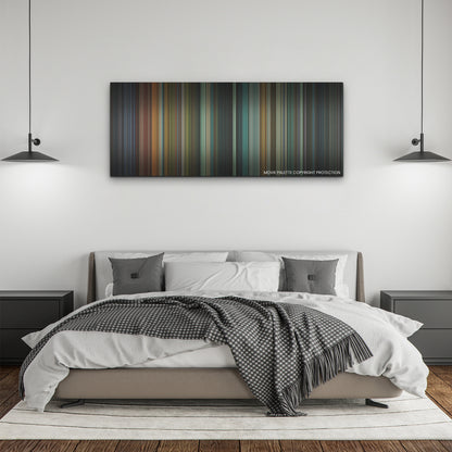 Halloween Kills color palette canvas above a bed, between two black pendant lamps