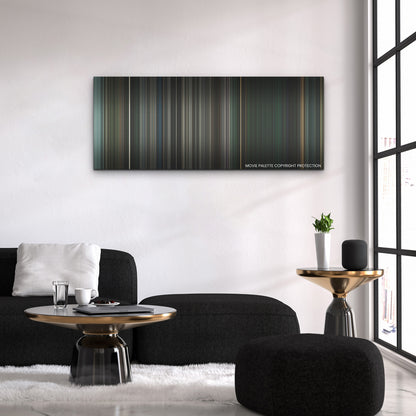 Blood Red Sky color palette canvas above a black sofa with a gold-topped table