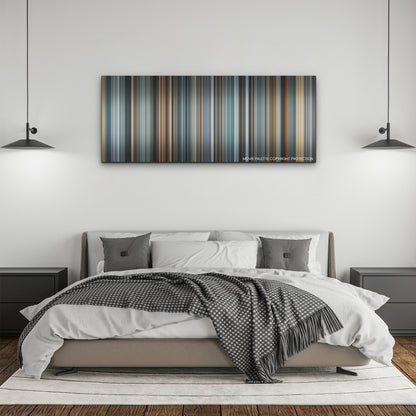 House of Gucci color palette canvas above a bed, between two black pendant lamps