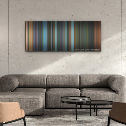 John Wick: Chapter 4 color palette canvas on a concrete wall above a gray sectional sofa