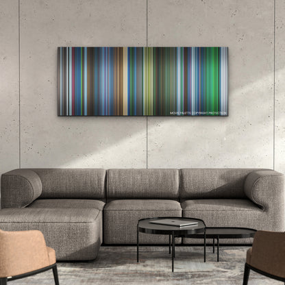 Aquaman and the Lost Kingdom color palette canvas on a concrete wall above a gray sectional sofa