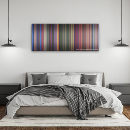 Transformers One color palette canvas above a bed, between two black pendant lamps