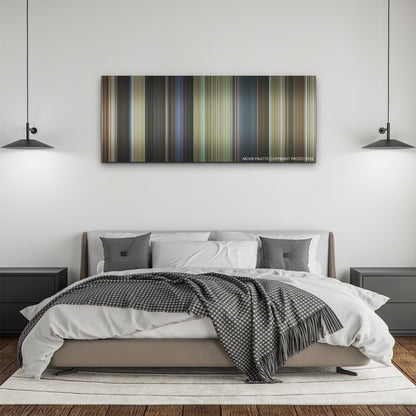 Strays color palette canvas above a bed, between two black pendant lamps