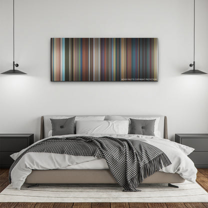Kung Fu Panda 4 color palette canvas above a bed, between two black pendant lamps
