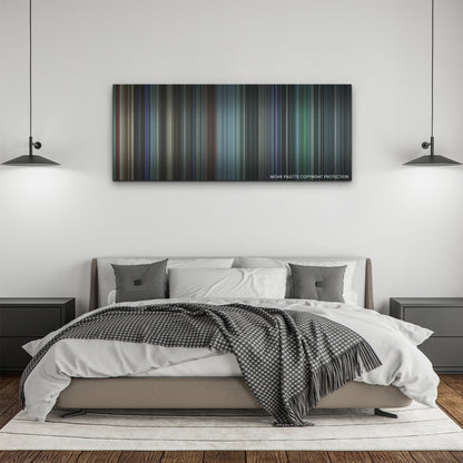 Malignant color palette canvas above a bed, between two black pendant lamps