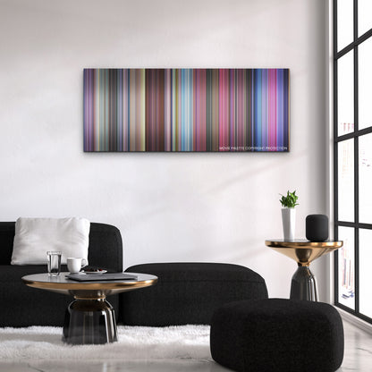 Puss in Boots: The Last Wish color palette canvas above a black sofa with a gold-topped table