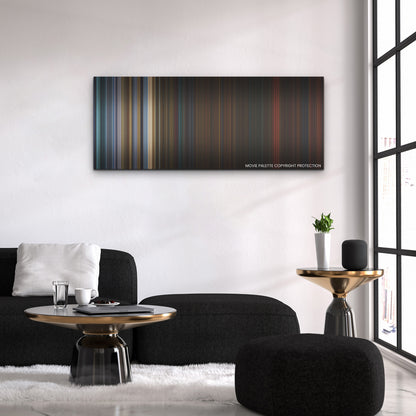 Saw X color palette canvas above a black sofa with a gold-topped table