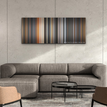 Guardians of the Galaxy Vol. 3 color palette canvas on a concrete wall above a gray sectional sofa