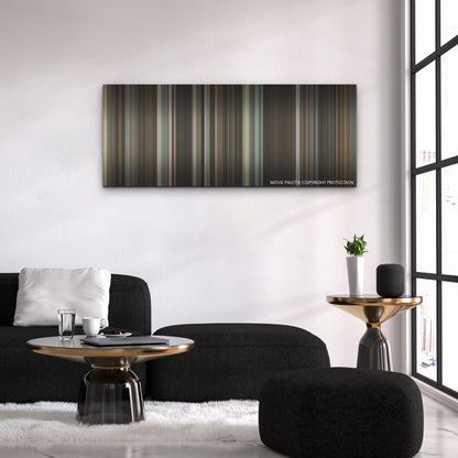 Thirteen Lives color palette canvas above a black sofa with a gold-topped table