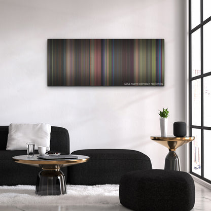 Lisa Frankenstein color palette canvas above a black sofa with a gold-topped table