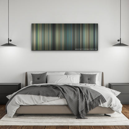 Air color palette canvas above a bed, between two black pendant lamps