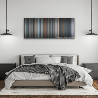 Army of Thieves color palette canvas above a bed, between two black pendant lamps