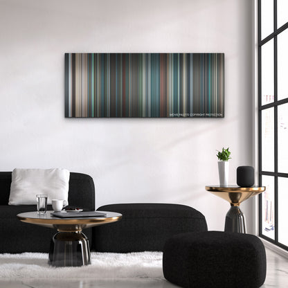 No Time to Die color palette canvas above a black sofa with a gold-topped table