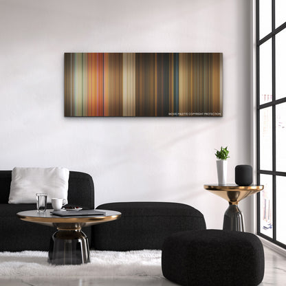 Murder Mystery 2 color palette canvas above a black sofa with a gold-topped table