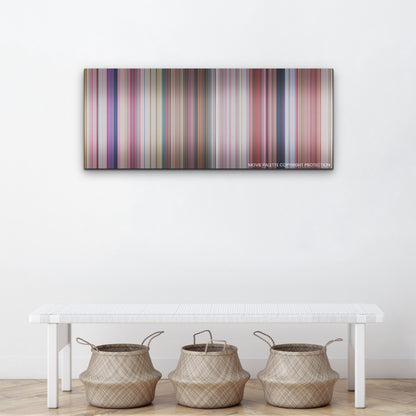 Barbie color palette canvas above a white bench with three woven baskets