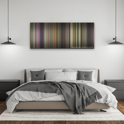 The Idea of You color palette canvas above a bed, between two black pendant lamps