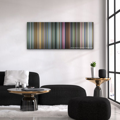 Godzilla x Kong: The New Empire color palette canvas above a black sofa with a gold-topped table