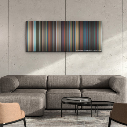 Kung Fu Panda 4 color palette canvas on a concrete wall above a gray sectional sofa