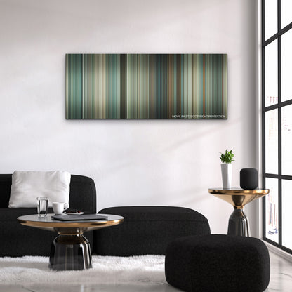 Twisters color palette canvas above a black sofa with a gold-topped table