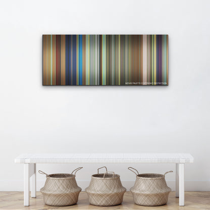Chicken Run: Dawn of the Nugget color palette canvas above a white bench with three woven baskets