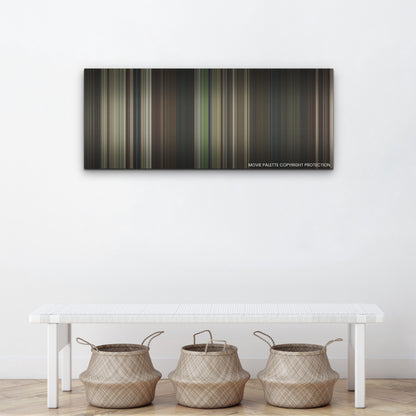 The Night House color palette canvas above a white bench with three woven baskets