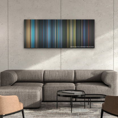 Morbius color palette canvas on a concrete wall above a gray sectional sofa