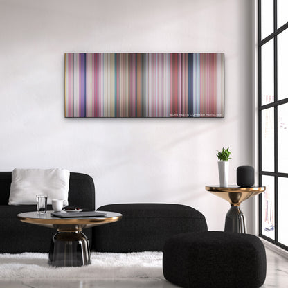Barbie color palette canvas above a black sofa with a gold-topped table