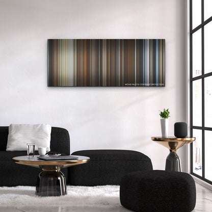 The Hand of God color palette canvas above a black sofa with a gold-topped table