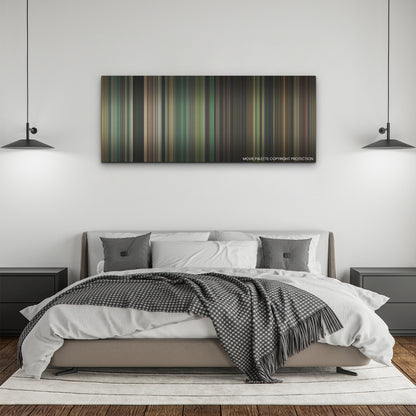 Madame Web color palette canvas above a bed, between two black pendant lamps
