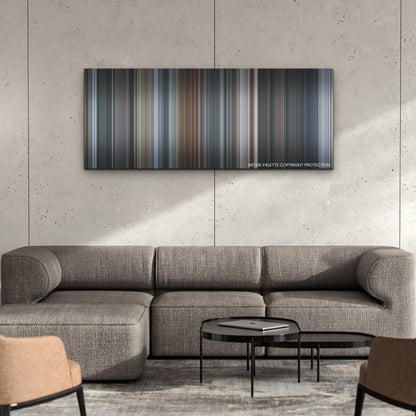 Army of Thieves color palette canvas on a concrete wall above a gray sectional sofa