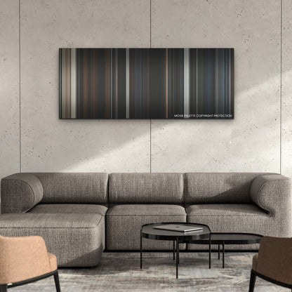 The Last Voyage of the Demeter color palette canvas on a concrete wall above a gray sectional sofa