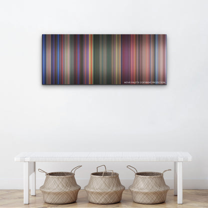 Transformers One color palette canvas above a white bench with three woven baskets