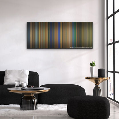 Spiral color palette canvas above a black sofa with a gold-topped table