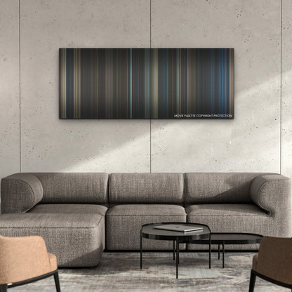 Haunted Mansion color palette canvas on a concrete wall above a gray sectional sofa