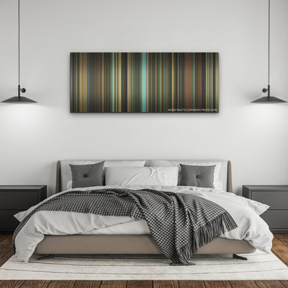 The Iron Claw color palette canvas above a bed, between two black pendant lamps