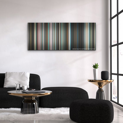 Aftersun color palette canvas above a black sofa with a gold-topped table