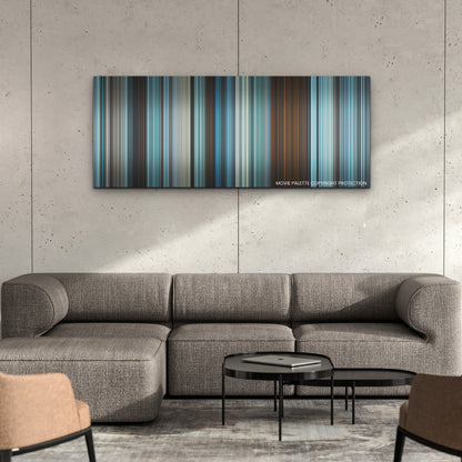 All Quiet on the Western Front color palette canvas on a concrete wall above a gray sectional sofa