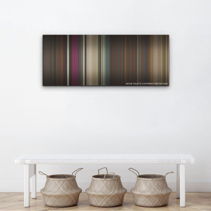 Gunpowder Milkshake color palette canvas above a white bench with three woven baskets