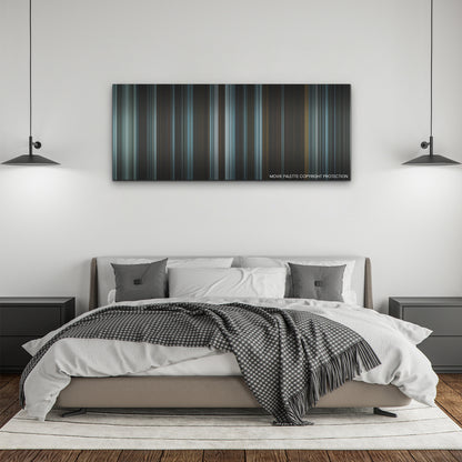 The Pale Blue Eye color palette canvas above a bed, between two black pendant lamps