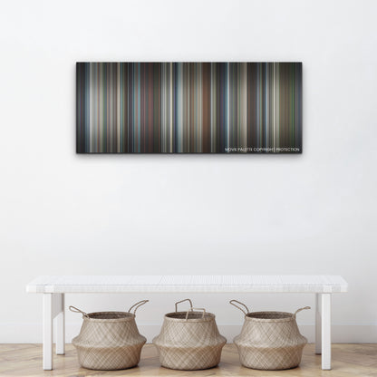 Perfect Days color palette canvas above a white bench with three woven baskets